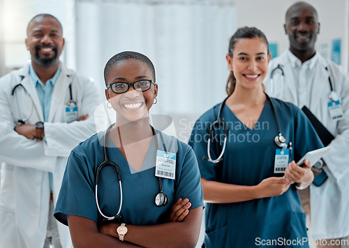 Image of Teamwork, doctors and portrait of black woman with crossed arms for medical help, insurance and trust. Healthcare, hospital team and happy men and women health worker for service, consulting and care