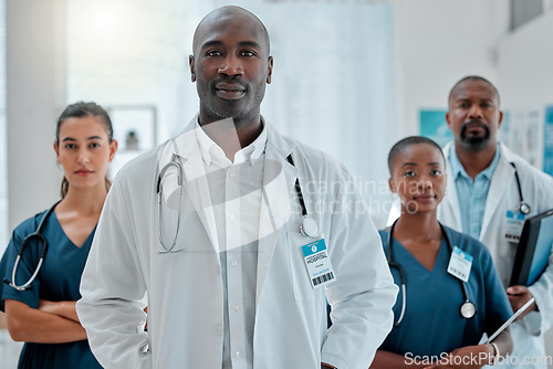 Image of Teamwork, hospital and portrait of doctors for medical help, insurance and consulting. Healthcare, nurse team and face of men and women health worker for service, collaboration and care in clinic