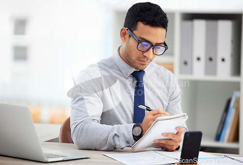 Image of Notebook, writing and business man in office administration, bookkeeping and management career with schedule. Reminder, job priority and journal of professional employee or admin worker with notes