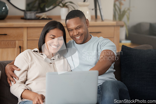 Image of Couple, laptop and smile for movie on couch with online subscription, media download and relax together. Happy man, woman and computer technology for streaming, internet and connection in living room