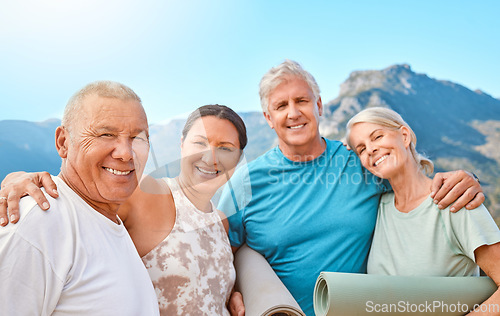 Image of Happy, portrait and elderly friends with yoga mat outdoor at a wellness, health and spiritual resort. Fitness, smile and group of senior people at a pilates or meditation class in nature at a retreat