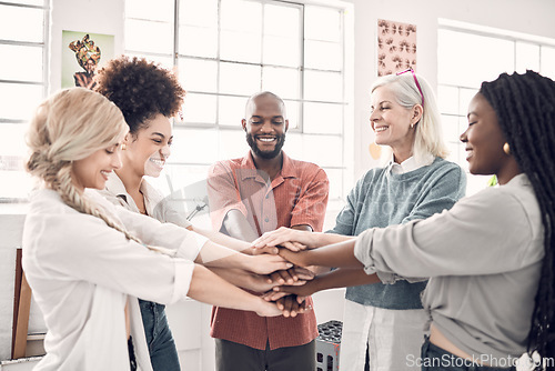 Image of Teamwork, business people and hand huddle together with support, trust and collaboration in startup office. Happy team, motivation and hands in circle, diversity and creative employees in cooperation