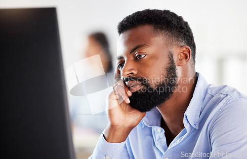 Image of Black businessman, bored and tired in office with computer, finance job and stress at desktop. African business man, pc and fatigue in workplace for financial advisor with fail, mistake or exhausted