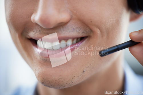 Image of Microphone, mouth and call center agent man talking for customer care service, crm or telemarketing. Smile closeup of consultant person with headset for sales, contact us or help desk support