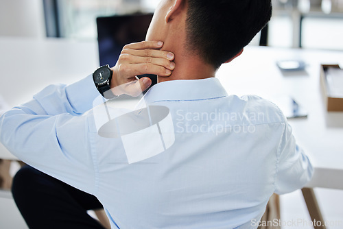 Image of Man, back and neck pain in office, burnout and stress injury with wellness problem with hand for massage. Businessman, muscle and joint fatigue with workplace accident, exhausted and physical therapy