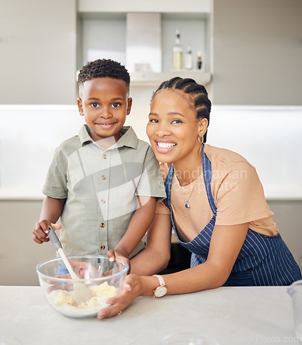 Image of Mother, son and happy baking portrait at kitchen counter with help and love. Black woman or mom and child together in family home to learn about cooking food, dessert and pancakes for development