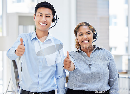 Image of Portrait, call centre and people with thumbs up for team success, support or customer service excellence. Telemarketing, group smile and like hand emoji for diversity, goals and thank you for sales.