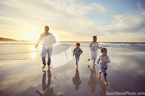 Image of Beach, running and parents play with children on holiday, summer vacation and weekend together. Nature, travel and happy mother, father and children in ocean for bonding, adventure and family time