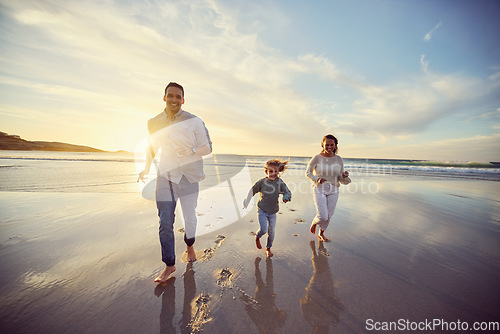 Image of Mother, father and child run on beach on holiday, summer vacation and weekend together. Nature, family travel and happy mom, dad and girl playing for bonding, adventure and quality time at sunrise