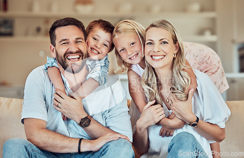 Image of Portrait of parents, kids and smile on sofa for playful childhood, happiness and quality time in family home. Happy children, mother and father hug in living room for bonding, love and care together