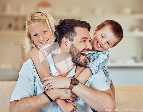 Image of Man, kids and smile for piggyback in living room with playful childhood, happiness and fathers day in family home. Happy children hug dad for bond, love and care to relax in lounge for quality time