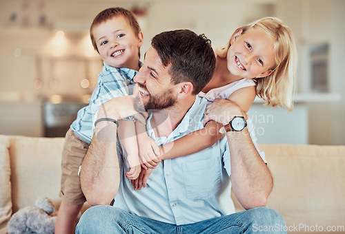 Image of Man, kids and piggyback fun in living room for playful childhood, happiness and fathers day at home. Happy children hug dad for family bond, love and care in lounge to relax for quality time together