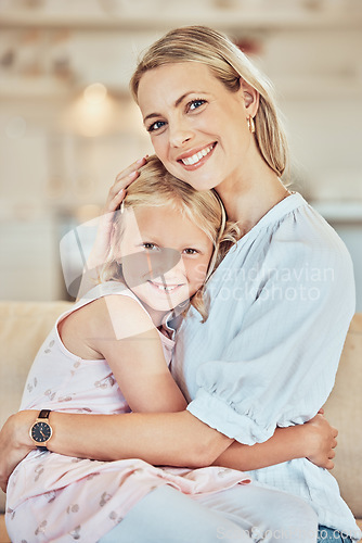 Image of Portrait, woman and hug girl kid in home for love, care and quality time together on mothers day. Happy mom, family and hugging cute daughter for support, comfort and smile to relax in loving house