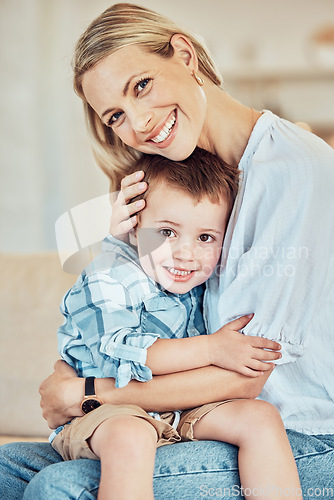 Image of Portrait of woman, boy and hug in home for love, care and quality time together on mothers day. Happy mom, family and hugging cute son for support, comfort and childcare to relax in house with smile