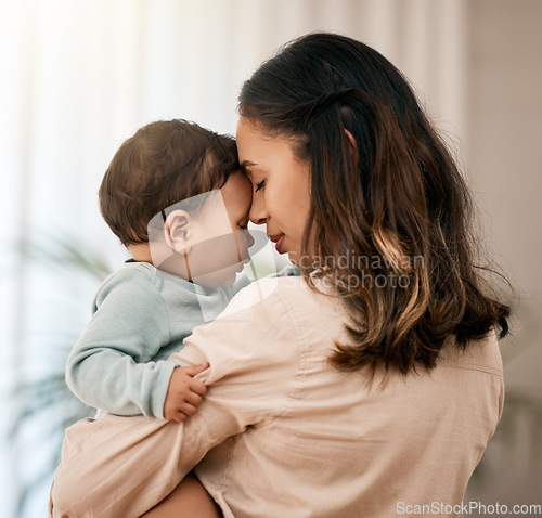 Image of Face, hug and mother with baby in a living room with love, care and gratitude while bonding in their home. Calm, parent and mom with toddler girl embrace sweet and relax, loving and enjoy motherhood