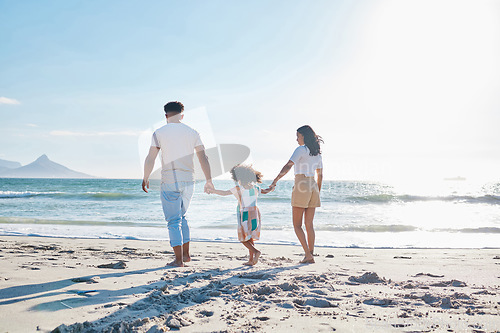 Image of Love, family and walking on beach for summer vacation or mom or dad and kid relax on a seaside holiday for quality bonding time. Mother, father and child on nature travel or adventure or journey