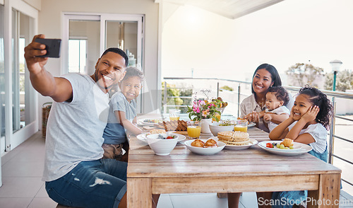 Image of Outdoor family selfie, lunch and kids with father, mother and daughter with smile, food or social media app. Man, boy children or summer brunch on patio for nutrition, baby or profile picture on blog