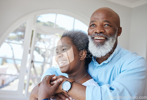 Image of Senior black couple, hug and together in a home with love, care and commitment. Face of african woman and man thinking about happy marriage, retirement lifestyle and happiness or life insurance