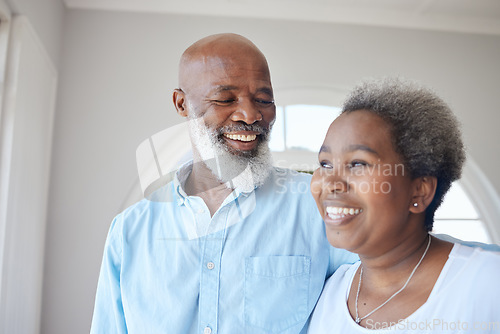 Image of Senior black couple, smile and together in a happy home with love, care and commitment. Face of an african woman and man thinking about marriage, retirement lifestyle and happiness with a hug