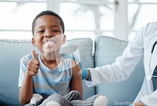 Image of Boy kid, thumbs up and injection with smile in portrait, plaster and medicine for wellness in hospital. Male child, happy and excited with vaccine, healthcare and brave to stop virus on clinic sofa