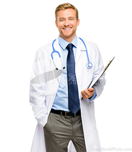 Image of Portrait, doctor and man with a clipboard, smile and confident guy isolated against a white studio background. Face, happy male person and medical professional with documents, healthcare and wellness