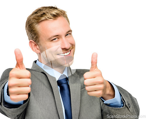 Image of Portrait, happy and thumbs up with a business man in studio isolated on a white background for motivation. Professional face, like and male employee in suit for yes, thank you or success for support