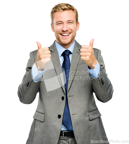 Image of Portrait, thank you and thumbs up with a business man in studio isolated on a white background for motivation. Professional, smile and a happy accountant in a suit to gesture like or yes in support
