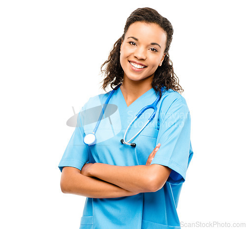 Image of Healthcare, portrait of woman doctor and smile against a white background with stethoscope. Happiness, medical and female nurse or surgeon smiling against a studio backdrop for health wellness