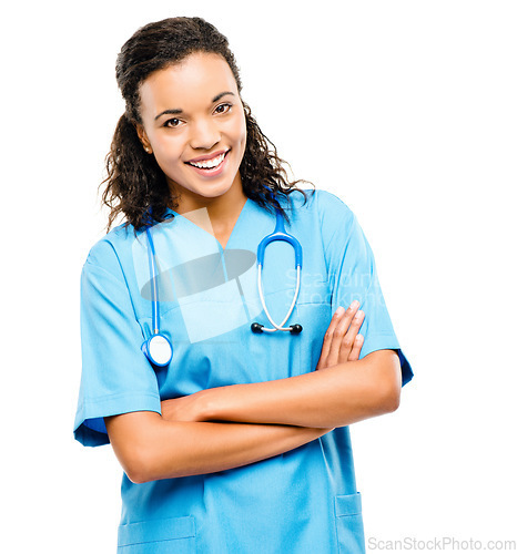 Image of Arms crossed, portrait and a woman with healthcare pride isolated on a white background in a studio. Happy, doctor or a female nurse with confidence and smile for medical career or nursing service
