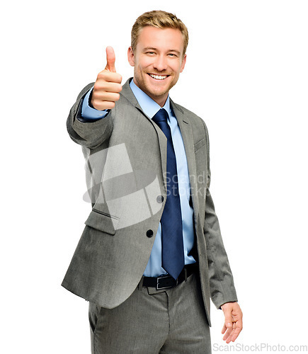 Image of Portrait, smile and thumbs up with a business man in studio isolated on a white background for motivation. Professional, like and a happy male accountant in a suit to say yes or thank you for support