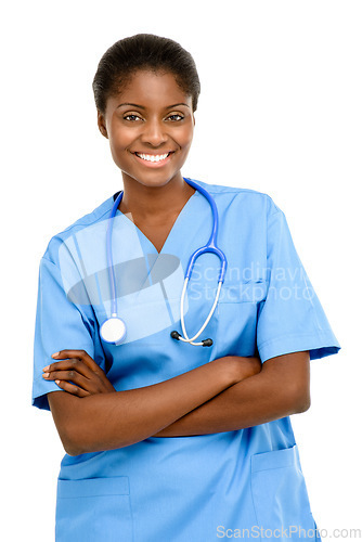 Image of Portrait, doctor and black woman with arms crossed in white background for healthcare, clinic or hospital. Happy, nurse and medical expert in studio for wellness with confident, support and care