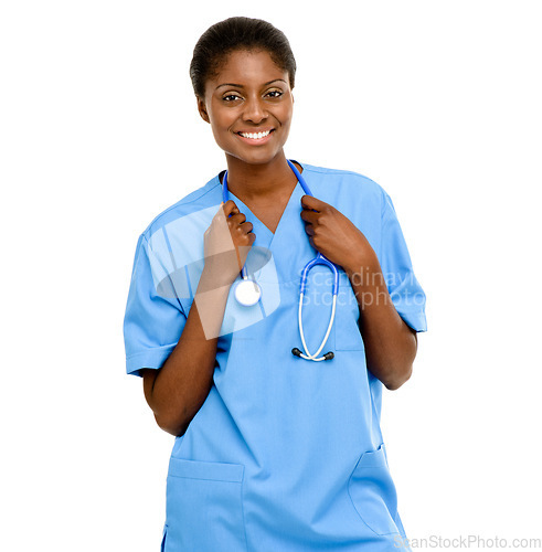 Image of Studio, doctor and black woman with stethoscope in white background for healthcare, clinic or hospital. Nurse, portrait and medical professional in wellness with confident, happy and expert care