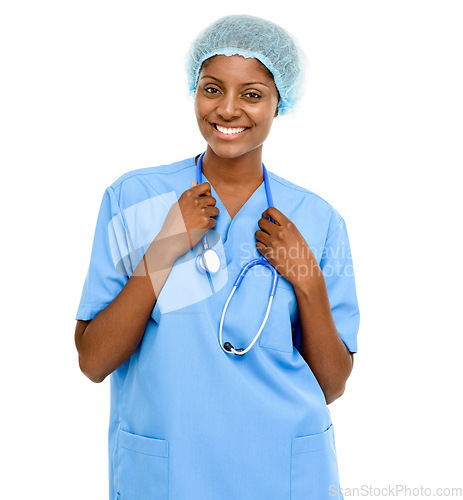 Image of Portrait, doctor and black woman with stethoscope in white background for healthcare, clinic or hospital. Smile, nurse and medical expert in studio with confident, happy or professional care