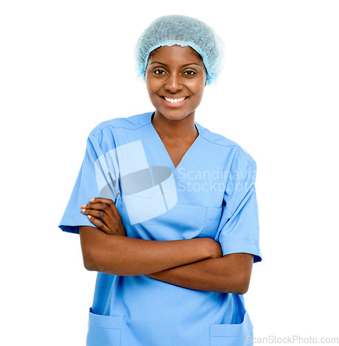 Image of Studio, nurse and Indian woman with arms crossed in white background for healthcare, clinic or hospital. Doctor, portrait and medical professional in wellness with confident, happy and expert care