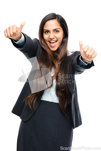 Image of Portrait, thumbs up and an indian business woman in studio isolated on a white background for motivation or support. Thank you, winner and yes with a happy young female employee showing a like emoji