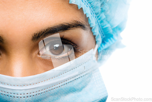 Image of Healthcare, close of woman doctor with face mask and against a white background. Medical health wellness, covid 19 and female nurse or surgeon with facial protection against a studio backdrop