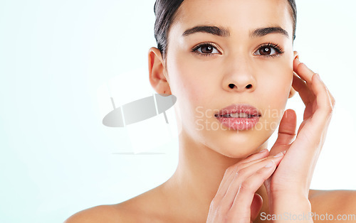 Image of Face, skincare and beauty of woman in studio isolated on a white background mockup. Portrait, natural and serious female model with makeup, cosmetics and facial dermatology, healthy skin and wellness