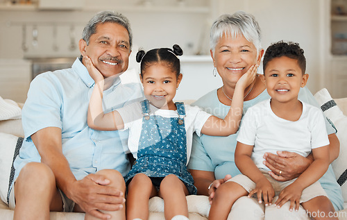 Image of Family, grandparents and grandkids smile in portrait, happiness and bonding at home. Love, care and trust with elderly people and young children in living room, relationship and happy at house