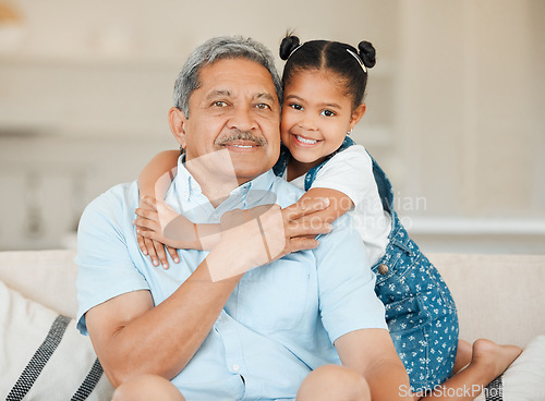 Image of Family, grandfather and grandchild hug with smile in portrait, happiness and bonding at home. Love, care and trust with elderly man and happy young child with embrace, affection and living room couch