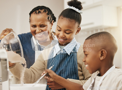 Image of Family with smile, grandmother teaching kids baking and learning cooking skill in kitchen with help and support. Old woman with girl and boy, development with growth and bake with ingredients at home