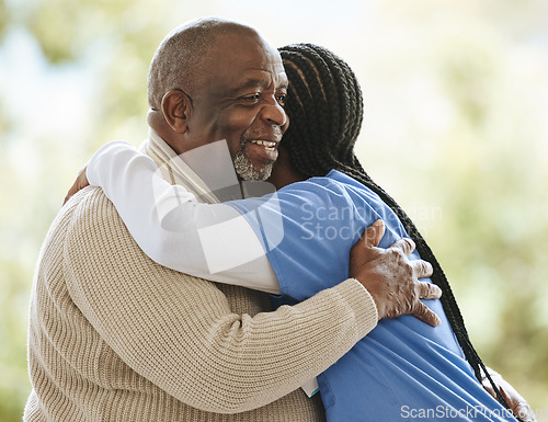 Image of Senior man, caregiver and hug for support, healthcare and happiness at retirement home. Happy elderly patient and black woman or nurse together for trust, homecare and help for health and wellness