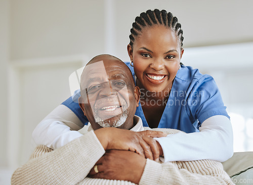 Image of Senior man, nurse and hug portrait on a sofa for support, healthcare and happiness at retirement home. Face of patient and black woman caregiver together for trust, elderly care or help for wellness