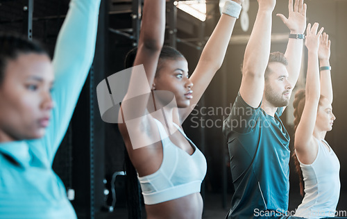 Image of Fitness, group and arms for lunge exercise at a gym with diversity, energy and motivation. Strong men and black woman, friends or people focus together for class, sport training and wellness workout