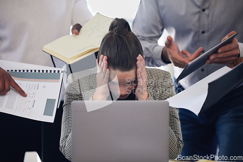 Image of Laptop, headache and multitask with a business woman and demanding colleagues working in the office. Stress, anxiety and deadline pressure with an overwhelmed female employee at work on a computer