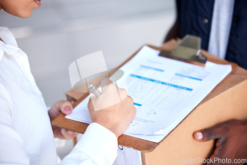 Image of Delivery, signature and man with woman for shipping, logistics and distribution service. Ecommerce, supply chain and closeup of male courier deliver box, parcel and order for client to sign receipt