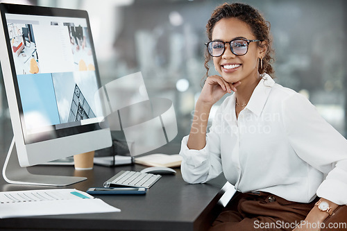 Image of Woman at desk, computer screen with web design, portrait and website layout at digital marketing agency. Female creative with smile, working with technology and SEO with research at startup company