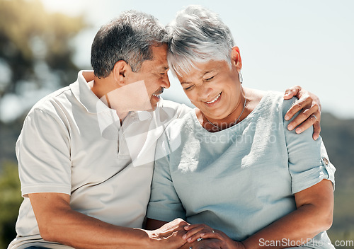 Image of Senior couple, hug and happy in nature on vacation, holiday or summer bonding. Hugging, care and retirement of man and woman with happiness, love and enjoying quality time together on romantic date.