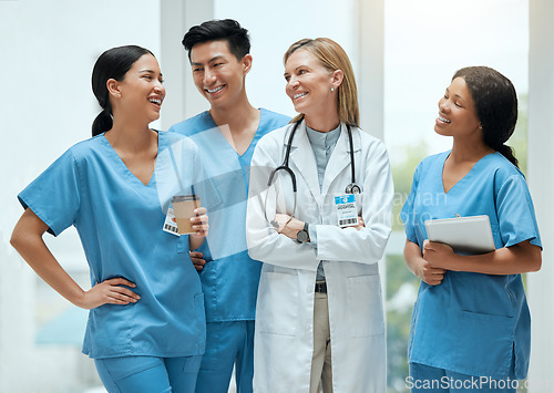 Image of Diversity, teamwork or doctors talking on a break or laughing in a funny conversation in hospital. Happy people, joke or group of nurses medical employees on coffee breaks on lunch together in clinic