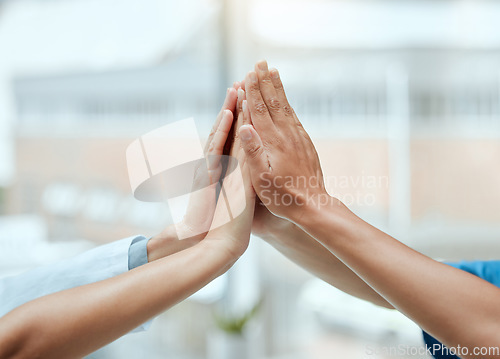 Image of High five, hands or doctors with medical success in celebration of surgery results in hospital with bonus. Team work, winners or healthcare nurses celebrate targets, mission or winning goals together