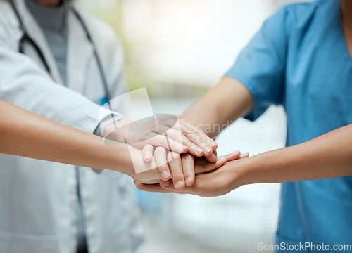 Image of Stack, teamwork or hands of doctors with collaboration for healthcare goals in meeting or community. Closeup, team building or medical nurses with group support, motivation or mission in hospital